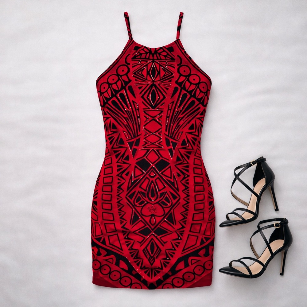 Parker Jaden Art Deco Red & Black Print Bodycon Dress Small